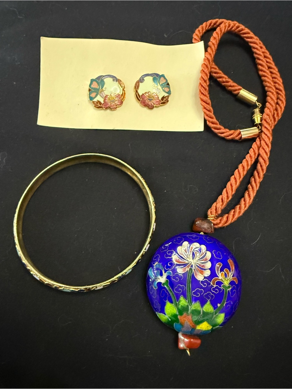 Vintage Blue Floral Cloisonné Necklace with Orange Cord jewelry set